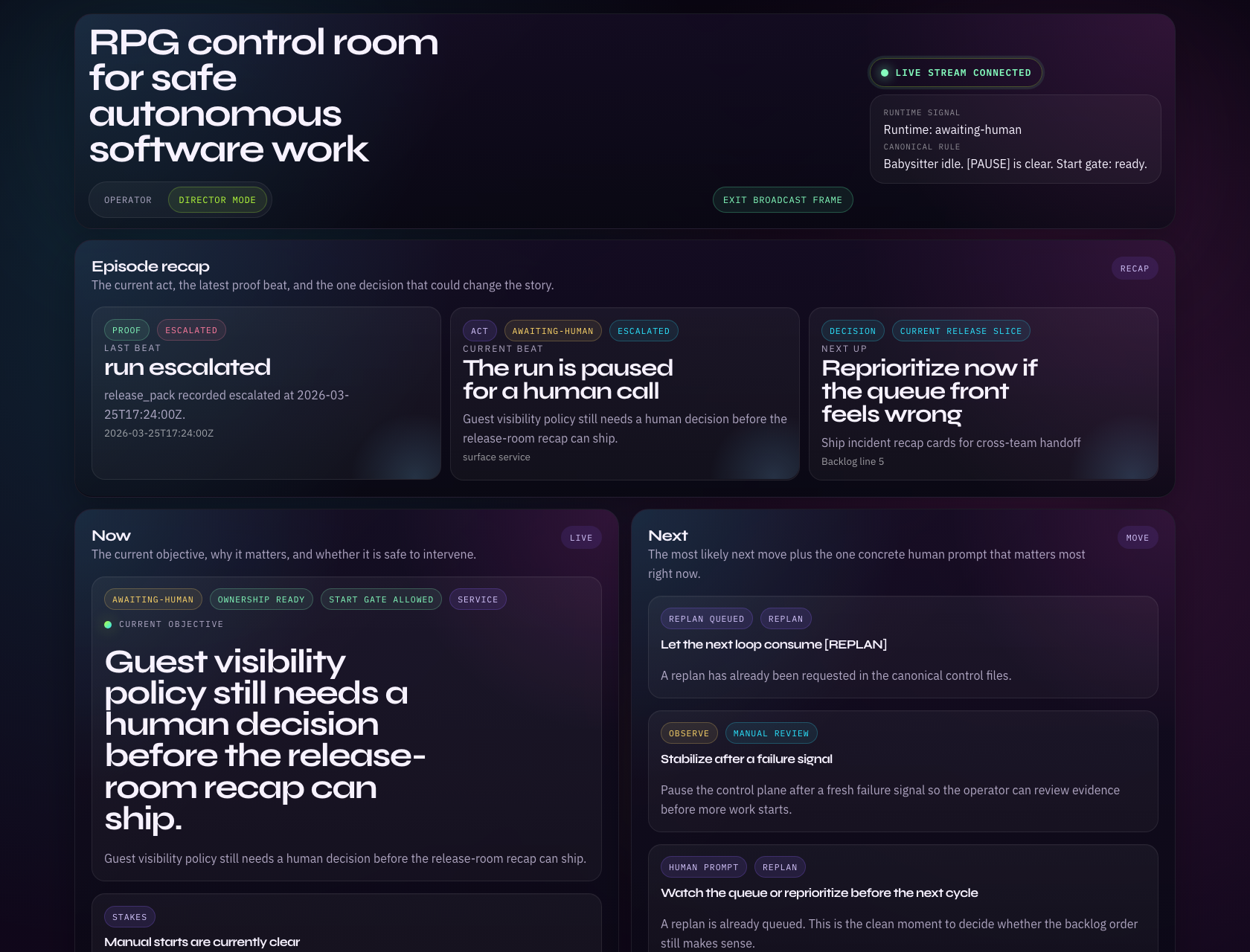 Forgeloop Director Mode screenshot rendered against the Signalboard demo repo
